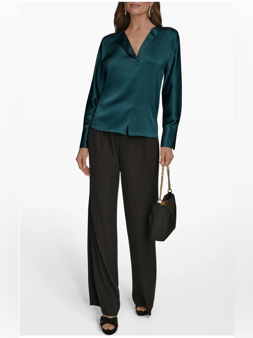 Donna Karan New York Hammered Satin Top Teal Green V Neck Blouse NWT M